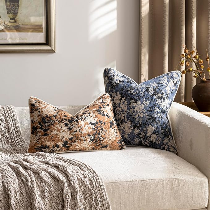 DEZENE Pack of 2 Vintage Floral Throw Pillow Covers 18x18 Boho Farmhouse Accents Chenille Square Decorative Pillow Cases for Living Room Couch Bed Home Decor, Dusty Blue
