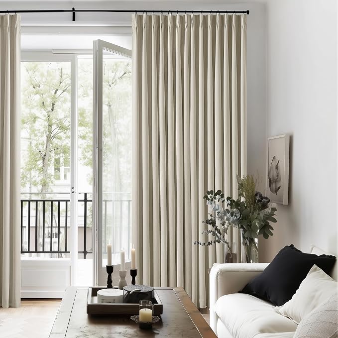 Neutral Pinch Pleated Linen Blackout Curtains 84 Inch Length 2 Panels Insulated Thermal Full Blackout Dual Layer Drapes for Bedroom Living Room Darkening Taupe Pinch Pleat Curtains with Hooks Rings