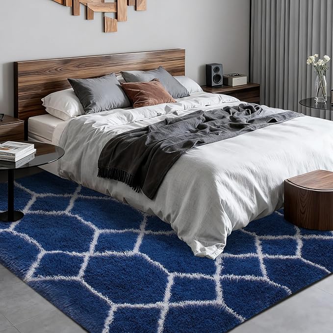 Fluffy Rug for Bedroom, Soft 6x9 Blue Shag Plush Geometric Area Rugs | Modern Blue and White Rug, Non Slip Carpet for Living Room, Aesthetic Home Decor, Fuzzy Floor Mat for Nursery Teen Dorm