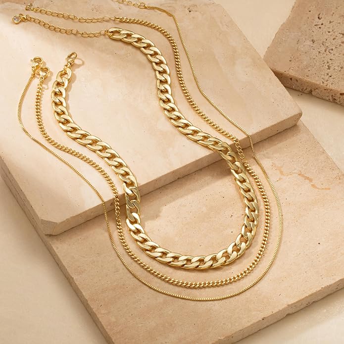 Tewiky Layered Necklaces for Women Non Tarnish- Chunky 14k Gold Plated Herringbone/Snake/Rope/Box/Cuban Link Chain for Women Waterproof Layering Stack Choker Necklace Trendy Dainty Tarnish Free Jewelry Set