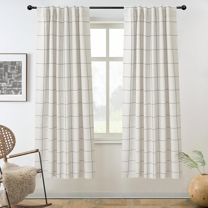 DriftAway 100% Blackout Plaid Linen Curtains 63 Inches Long 2 Panels Gray | 100% Blackout, Linen Texture, Plaid Pattern, Two Layers, Rod Pocket & Back Tab, Bedroom Living Room Use, Luxury Appearance