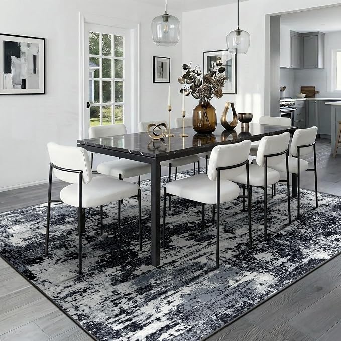 RELEANY Washable Area Rugs 6'x9' Non-Slip Modern Abstract Soft for Living Room Entryway Bedroom Kitchen, Print Pattern, Black Navy Blue Gray