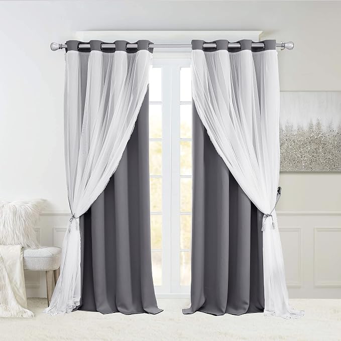 Dark Grey Blackout Curtains 96 Inch Length with White Sheer Voile - Double Layered Mix and Match Nursery Grommet Curtains for Living Room,52 by 96 in, 2 Pieces
