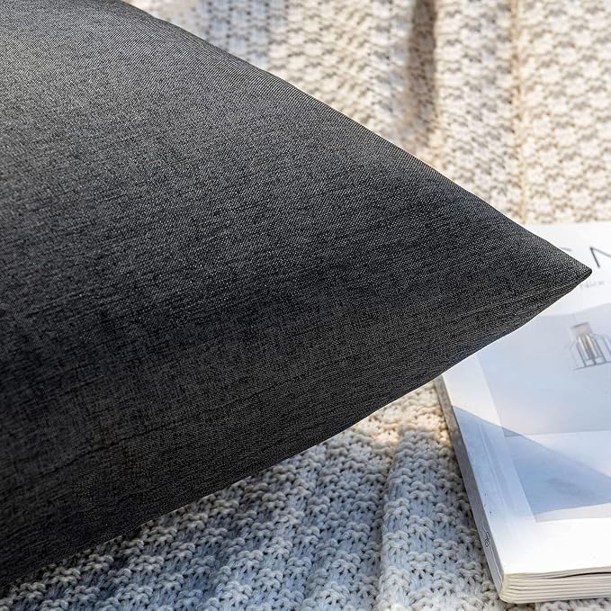 MIULEE Pack of 2 Decorative Outdoor Solid Waterproof Throw Pillow Covers Faux Linen Garden Farmhouse Cushion Cases for Halloween Tent Balcony Couch Sofa 20x20 Inch Black