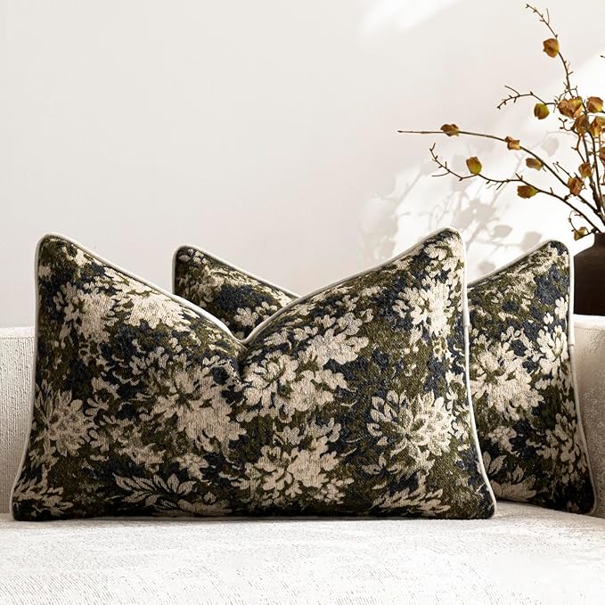 DEZENE Pack of 2 Vintage Floral Pillow Covers 12x20 Boho Farmhouse Accents Chenille Rectangular Lumbar Decorative Throw Pillow Cases for Living Room Couch Bed Home Decor, Olive Green