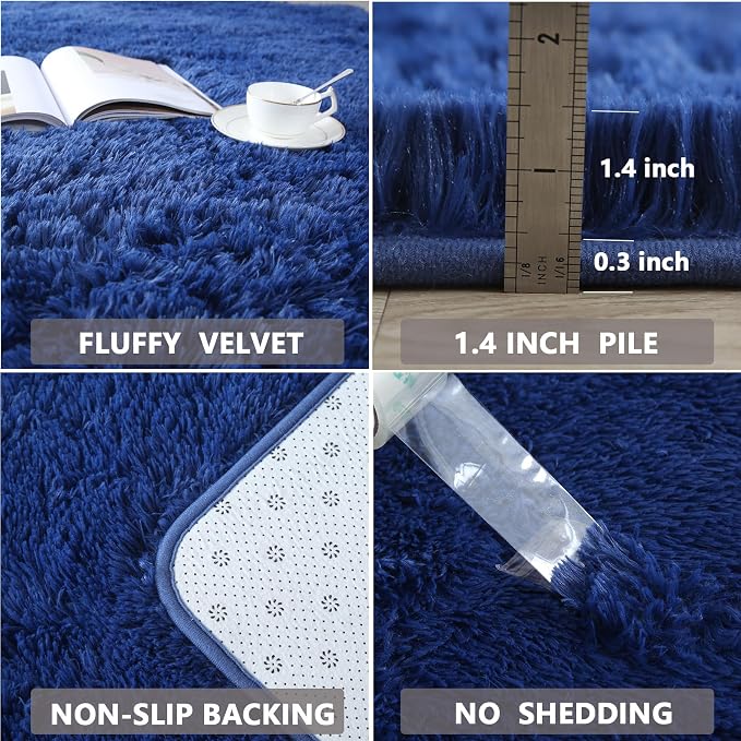 Blue Shag Area Rug 5x7 Bedroom - Soft Fluffy Non-Skid Carpet | Soft as Cotton Under Little Feet - Dense Microfiber Shag Kids Love to Sit, Play and Walk Barefoot on All Day Long
