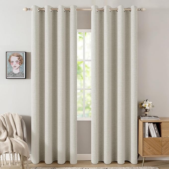 MIULEE Linen Texture Curtains for Bedroom Light Cream 100% Blackout Thermal Insulated Linen Curtains Grommet Room Darkening Draperies for Living Room 52x96 Inch (2 Panels)