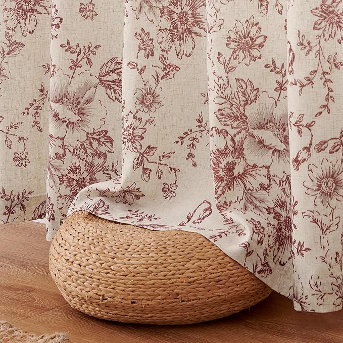 jinchan Red Floral Linen Curtains Lined 84 Inch Farmhouse Back Tab 2 Panels | Privacy lining, light filtering drapes, vintage, cottagecore, french country, rustic, bedroom, living room, window treatment