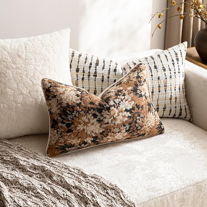 DEZENE Pack of 2 Vintage Floral Pillow Covers 12x20 Boho Farmhouse Accents Chenille Rectangular Lumbar Decorative Throw Pillow Cases for Living Room Couch Bed Home Decor, Cognac