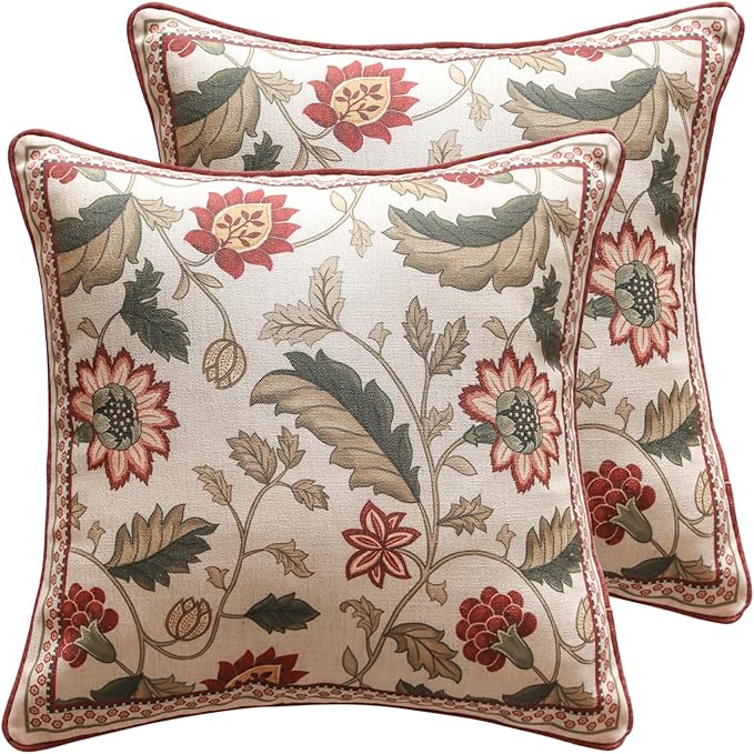 ISAENNE Designer Linen Square Throw Pillow Cover,Set of 2,18"x18"-Ratina A | Vintage French Elegant Pillow Cover,Concealed Zipper Design,Floral Pattern,Sofa,Bedroom,Living Room,Lounge Chairs