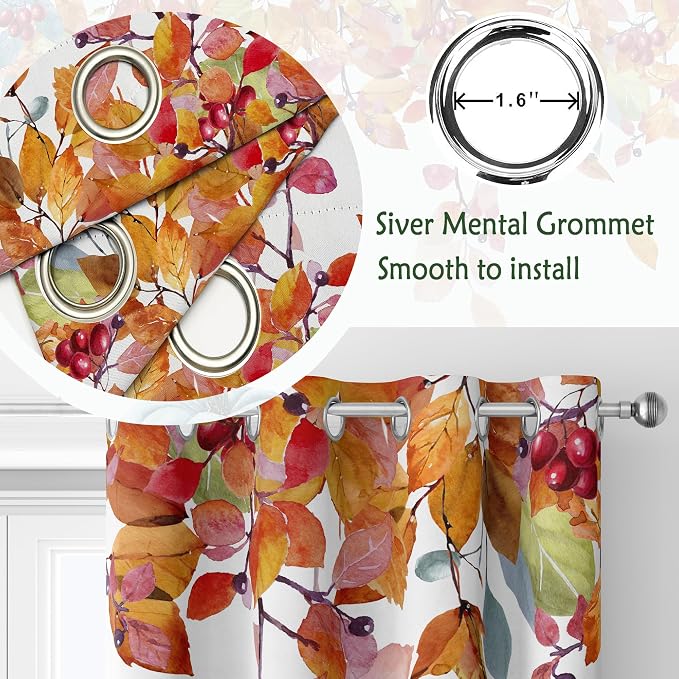 Pumpkin Window Curtains 52 x 63 Inches, Watercolor Fall Leaves Drapes with Blue White Orange Pumpkins, Autumn Farmhouse Curtains for Bedroom Living Room