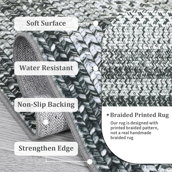 RUGSREAL 8x10 Braided Print Area Rug Washable Rug Non Slip Farmhouse Rustic Floor Carpet Boho Dining Room Throw Carpet Modern Geometric Floor Cover Bohemian Border Rug for Living Room Bedroom, Grey