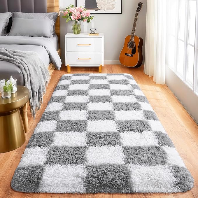 Pionblank Checkered Rug for Bedroom 2x6, Modern Fluffy Runner Rugs for Living Room, Super Soft Shaggy Bedside Carpet for Kids Room Nursery Teens Dorm Decor, Grey and White