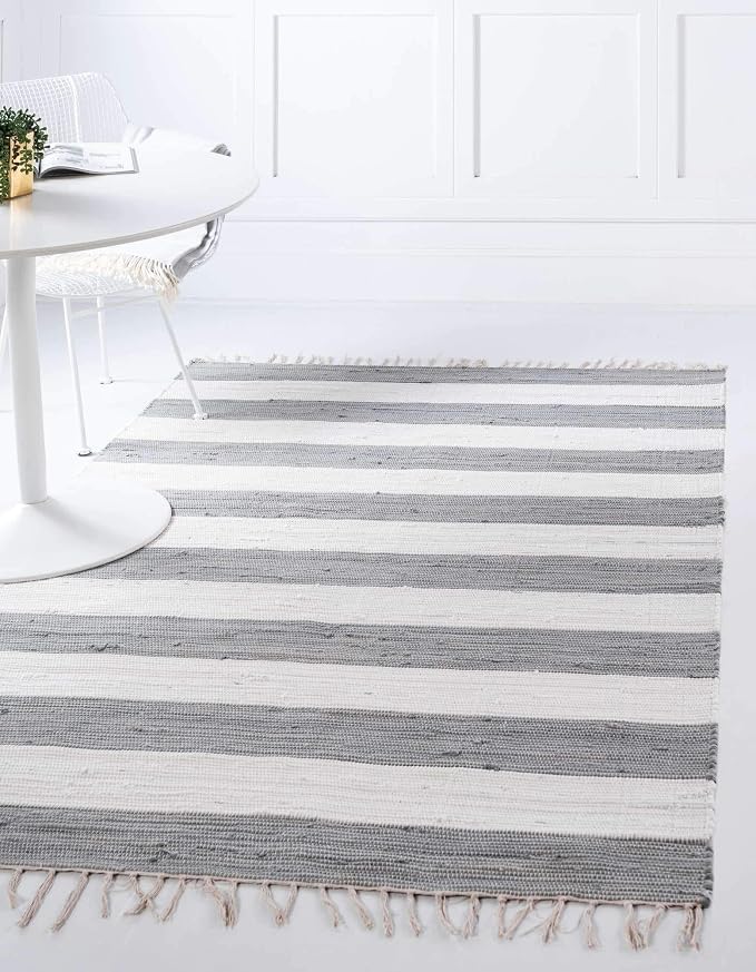 Unique Loom Chindi Rag Collection Area Rug - Striped (7' 1" x 10' Rectangle, Gray/ Ivory)