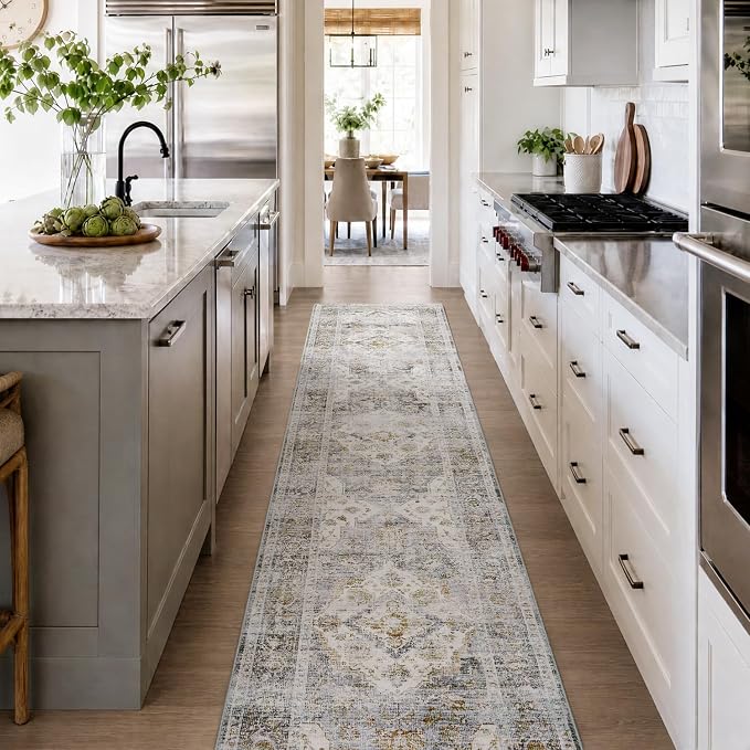AMOAMI-2X10 Runner Rug-Washable Runners for Hallways-Soft Non Slip Bedside Rugs for Bedroom-Vintage Long Rug for Hallways Entryway Laundry Room Stair Kitchen Bathroom Grey