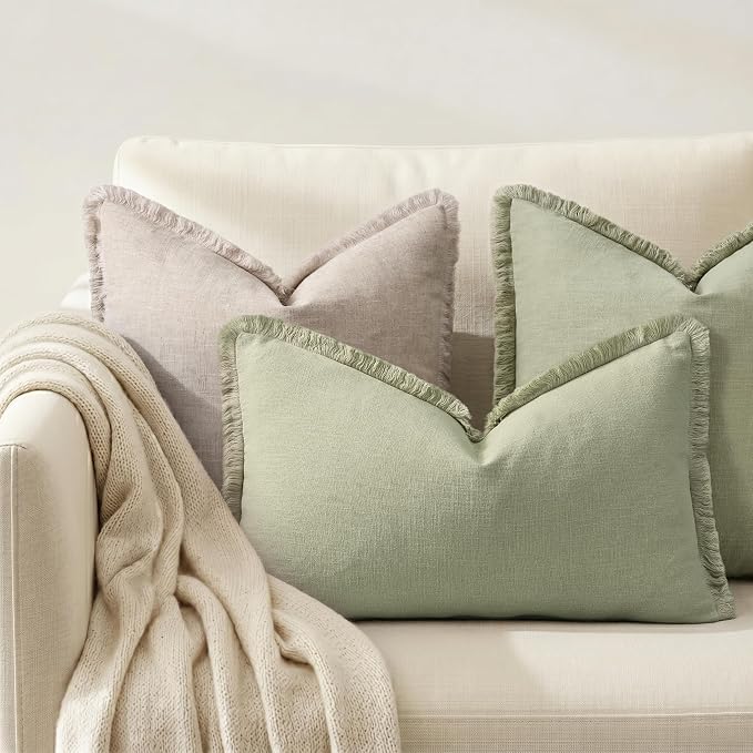 decorUhome Linen Fringe Sage Green Throw Pillow Covers 12x20 Set of 2 | Decorative Soft Accent Modern Boho Farmhouse Lumbar Cushion Covers with Tassels Cotton Pillow Covers for Couch Bed Sofa