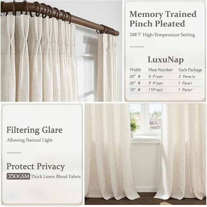 Extra Long 108 Inch Birch Curtains 2 Panels Set for Bedroom, Memory Trained Pinch Pleated Thick Linen Semi Sheer Floor to Ceiling Curtain Light Filtering 9FT Length Elegant Windows Drapes 50Wx108L