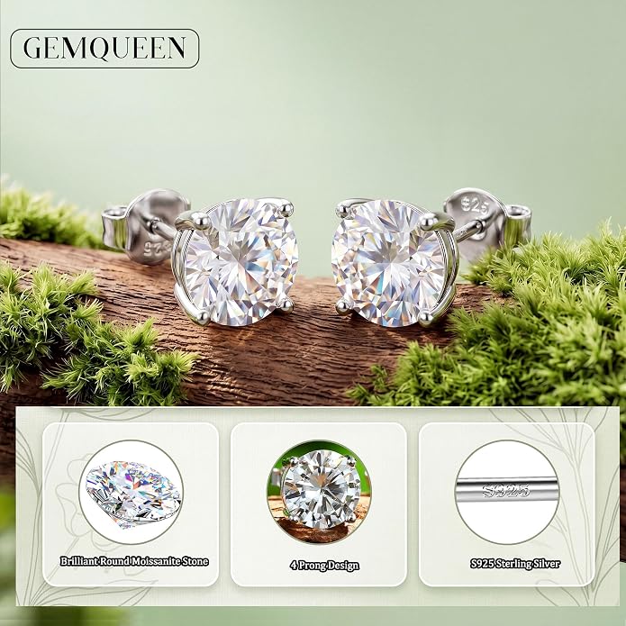 Moissanite Stud Earrings : 18K White Gold Plated Solid 925 Sterling Silver Earring Hypoallergenic Dainty Flat Back Stud Earrings Jewelry for Women Men D Color VVS1 Clarity