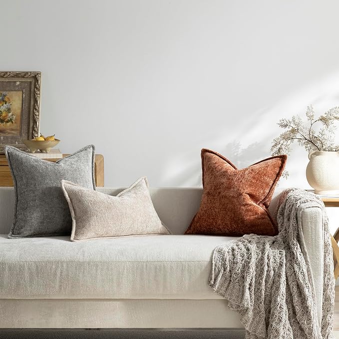 DEZENE Pack of 2 Burnt Orange Fall Euro Shams Pillow Covers 26x26 Cozy Soft Chenille Decorative Throw Pillow Covers Accent Vintage Square Couch Pillow Covers for Home Decor Bed Sofa Living Room
