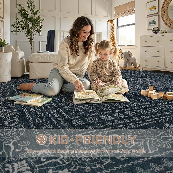 Nakagishi 10x14 Area Rugs Living Room: Washable Large Vintage Rug Neutral Non-Slip Soft Stain Resistant Indoor Carpet for Bedroom Nursery Dining Room Office Playroom - Navy