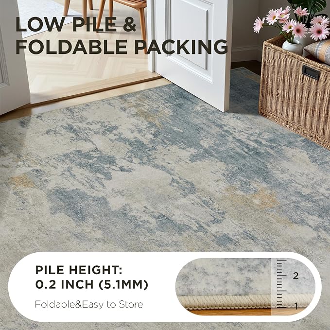 Joydeco 6x9 Area Rugs for Living Room, Non-Slip Modern Abstract Soft Washable Rug, Low Pile Carpet for Bedroom, Dining Room, Home Office, Pet & Child Friendly, White & Blue & Gold