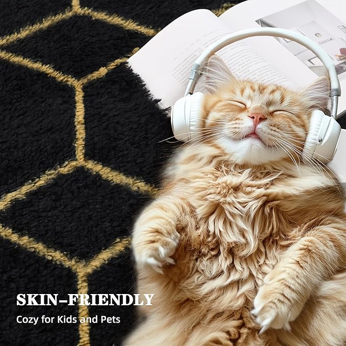 Fluffy Rug for Bedroom, Soft 6x9 Black Shag Plush Geometric Area Rugs | Modern Black and Gold Rug, Non Slip Carpet for Living Room, Aesthetic Home Decor, Fuzzy Floor Mat for Nursery Teen Dorm