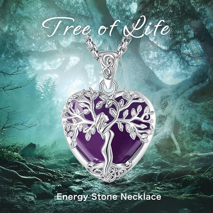 EUDORA Tree of Life Necklace with Moonstone Amethyst Obsidian Turquoise Healing Crystal for Women, Silver Plated Copper Mother Tree of Life Pendant Amulet Energy Jewelry, Gift for Women Mom, 20"+2"