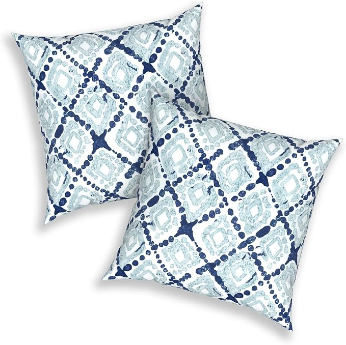 Outdoor Throw Pillows with Inners 20x20 Inch, Square Pillows Decorative for Home Garden Furniture Set of 2, Boho Geometry Blue