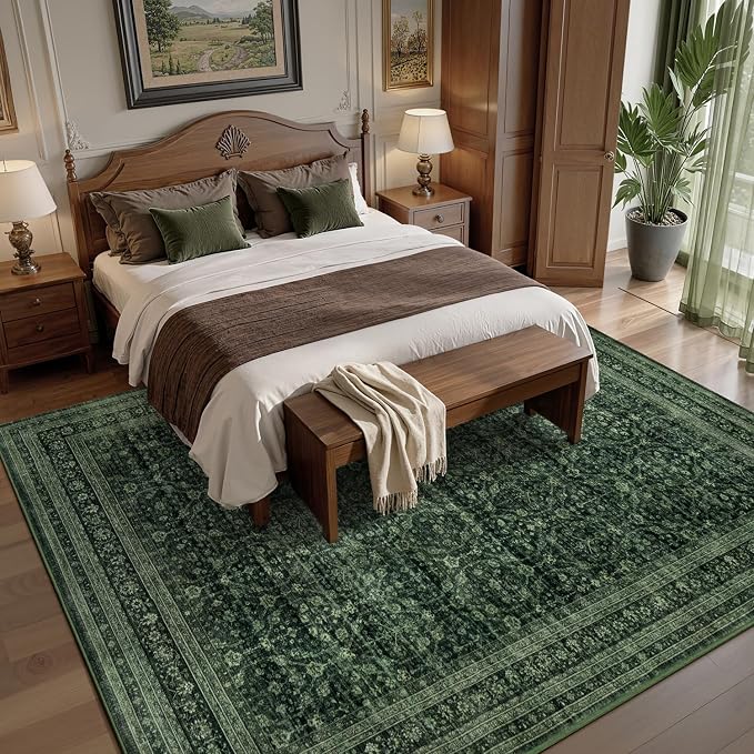 9x12 Area Rugs for Living Room Bedroom, Washable Large Rugs Non-Slip | Vintage Distressed Retro; Low Pile; Stain Resistant; Neutral Boho Carpet for Dining Room, Nursery, Home Office; Moss Green
