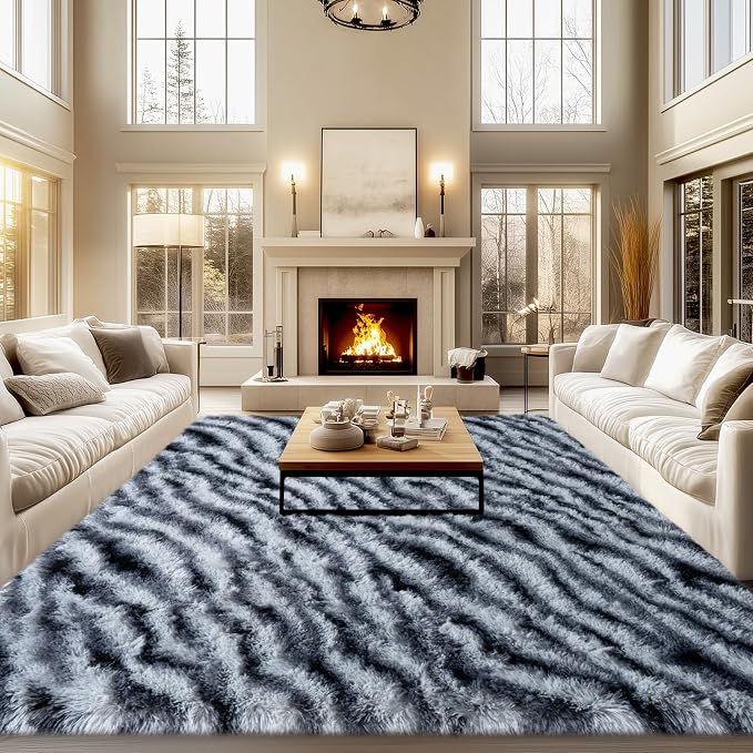 qulint 9x12 Rug for Living Room, Fluffy Zebra Rug for Bedroom Nursery | Soft Shaggy Animal Large Carpet, Plush Modern Abstract Alfombras for Dorm Room Classroom Kid Room Home Decor Aesthetic