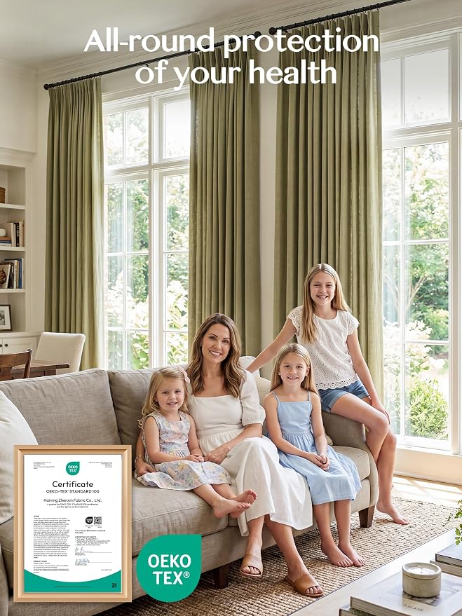 Liz Pinch Pleated Linen Curtains Light Filtering Curtains for Living Room, Farmhouse Window Curtains for Bedroom, Modern Drapes with Hooks and Rings, 95 Inches Long, Olive Green, 2 Panels Set