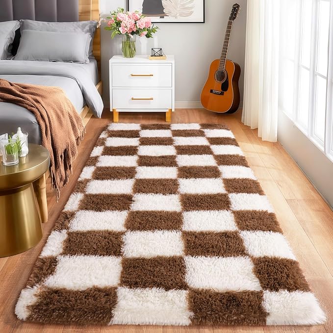Pionblank Checkered Rug for Bedroom 2x6, Fluffy Runner Rugs for Living Room, Super Soft Shaggy Bedside Carpet for Kids Room Nursery Teens Dorm Decor, Brown and Cream White