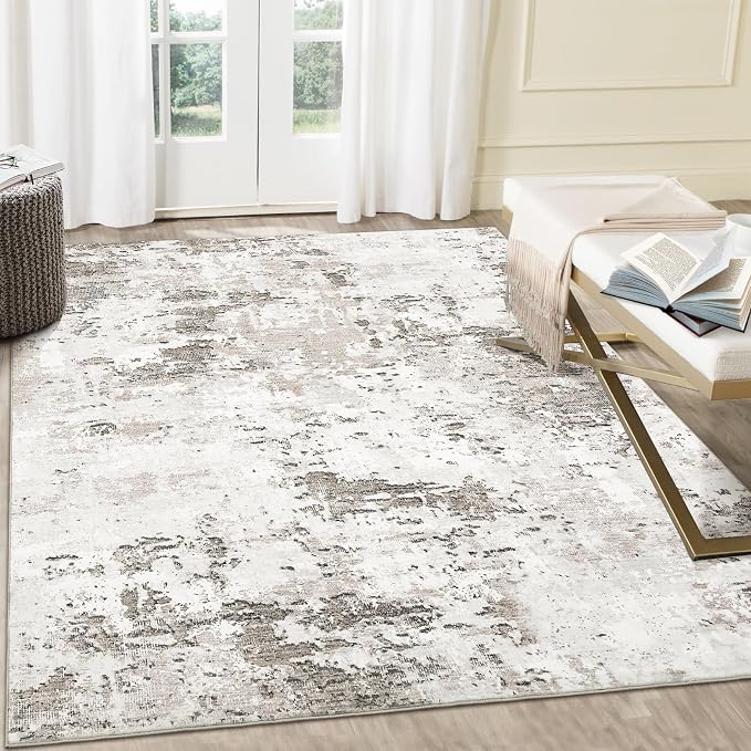 ROYHOME 9x12 Modern Abstract Rug for Living Room Bedroom, Taupe/Beige | Non Slip Stain Resistant Throw Rug Low Pile Machine Washable Indoor Floor Cover Home Decor