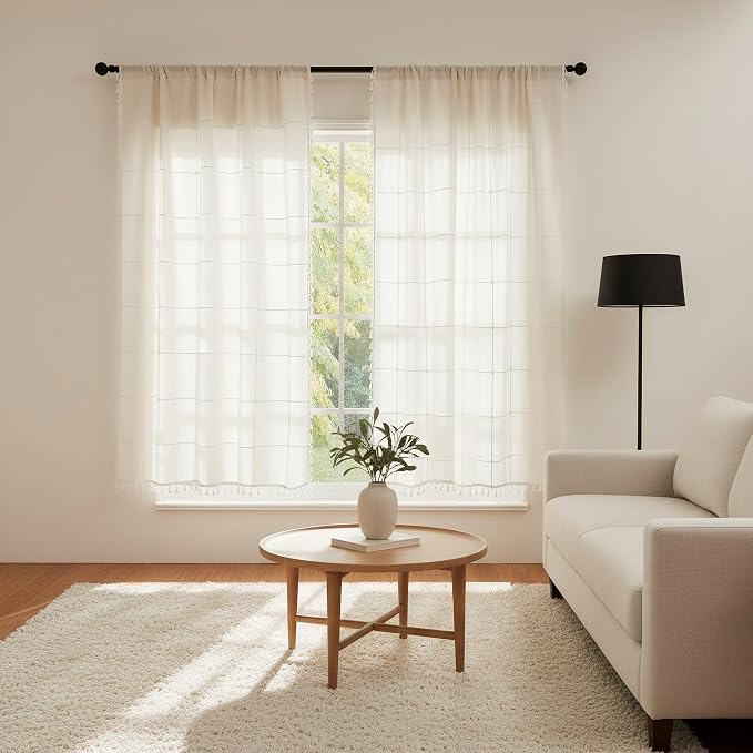 ColorBird Beige Plaid Curtains, White Embroidered Gingham 63 Inch Boho Farmhouse Curtains & Drapes for Living Room, Linen Texture Light Filtering Window Treatment for Dining Bedroom