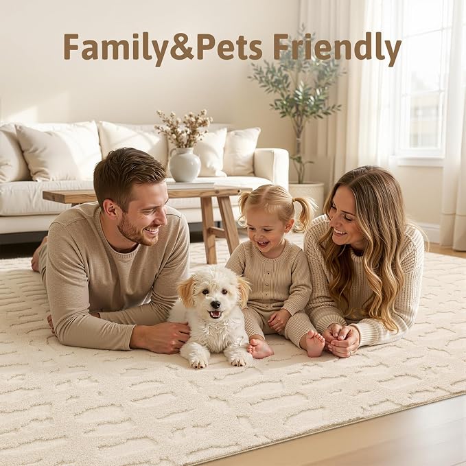 Yamaziot 5x7 Washable Area Rug, High-Low Grid Textured Living Room Rugs, Soft Fluffy Non-Slip Mats Stain Resistant Contemporary Boho Carpet for Dining Room, Kids Nursery Room, Bedroom, Office