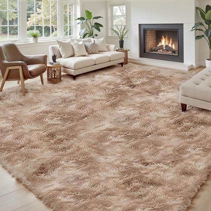 Area Rugs 10x14 Living Room, Shaggy Carpet Soft Plush Furry Bedside Rug Large Area Rugs for Bedroom Home Decor Anti Slip(10 x 14, Dark Beige Tie-Dyed)
