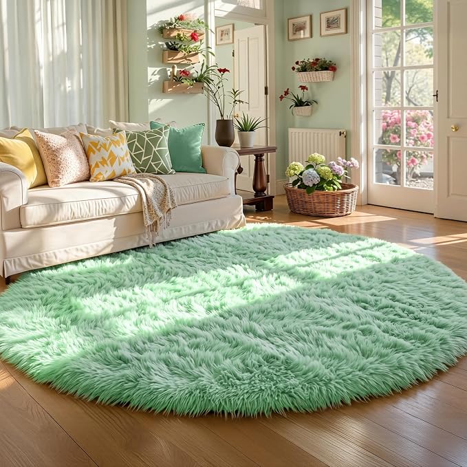 Amdrebio Sage Green Round Rugs 5Ft for Bedroom, Fluffy Furry Circle Rug for Nursery, Baby Kids Room Decor, Cute Shaggy Area Rugs for Preppy Dorm, Teen Girls Boys, Fuzzy Indoor Light Mint Green Carpet