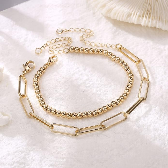 Dainty Gold Bracelets for Women, 14K Gold Plated Adjustable Layered Beads Bracelet Cute Evil Eye Oval Chain Pearl Bar Turtle Gold Bracelets for Women Jewelry