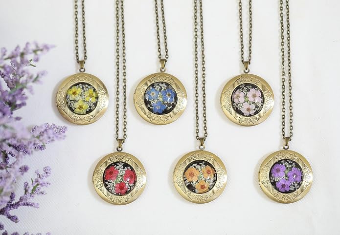 Handmade Oval Shaped Photo Locket with dried Pressed Flowers Locket pendant Necklace