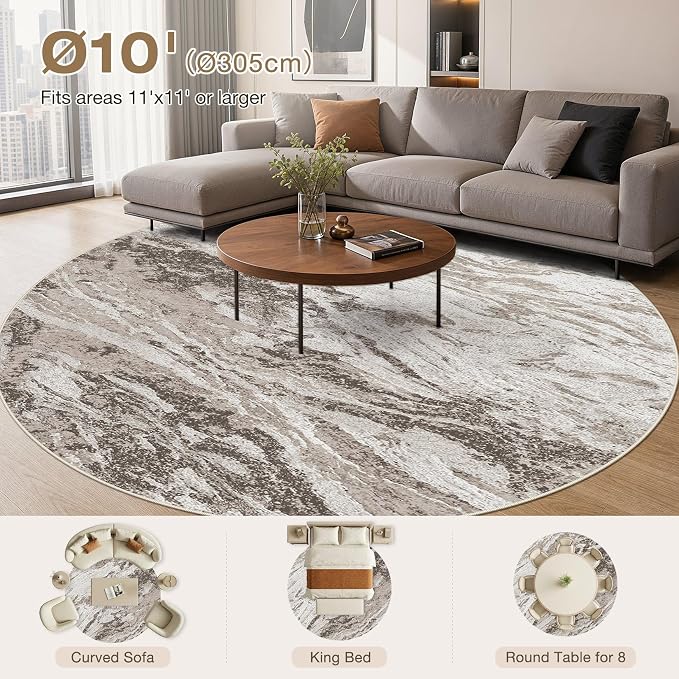 Area Rugs for Living Room: 10ft Round Abstract Washable Rug Modern Neutral Large Soft Stain Resistant Non-Slip for Bedroom Dining Room Indoor Home Office Carpet - Brown