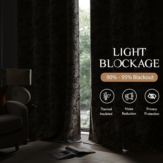 Beauoop Brown Floral Jacquard Blackout Curtains for Bedroom 52x84 2 Panels | Flower Chenille Room Darkening Drapes for Living Room 84 Inch Long Thermal Insulated Soundproof Window treatment Rod Pocket