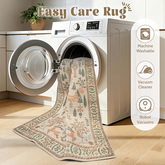 Living Room Rugs 8x10: Washable Boho Rug Farmhouse Non Slip Stain Resistant Large Rug Low Pile Soft Carpet for Bedroom Dining Room Children Room (Cream Animal,8'x10')