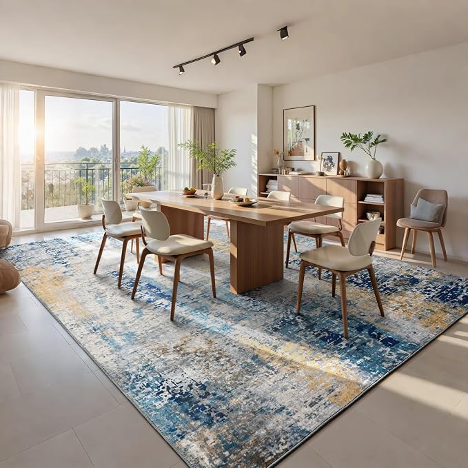 Living Room Rug 7x10 Ultramarine Area Rugs Machine Washable Abstract Boho Large Rug Non-Slip Non-Shedding Faux Wool Indoor Vintage Carpet for Bedroom, Classroom, Dining Room, Kids Playroom