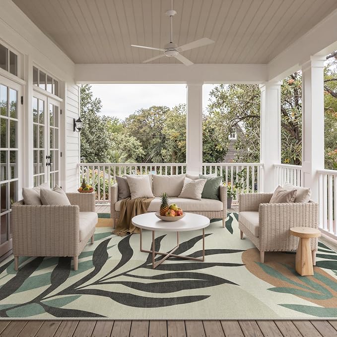 GENIMO 10x14 Outdoor Rug, Washable Quick Dry for Patio, Beige Olive | Botanical leaf design for gazebo; lightweight chenille with quick-dry non-slip backing for indoor living spaces.