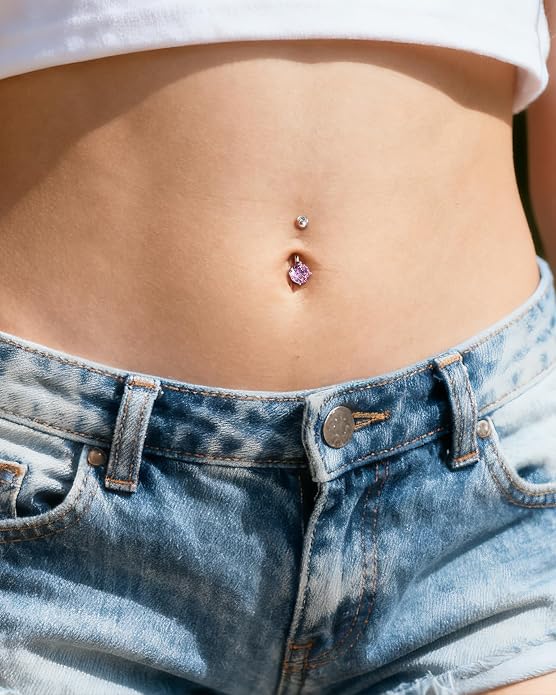 COCHARM 14K Gold Belly Button Rings for Women 14K Yellow Gold Belly Rings Round CZ Real Gold Belly Navel Piercing Jewelry