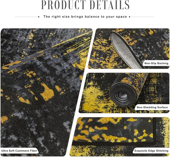 8x10 Area Rug Living Room Rug: Washable Modern Abstract Soft Thin Rug Indoor Floor No Slip Carpet for Bedroom Dining Room Farmhouse Nursery Home Office - Dark Black Gold