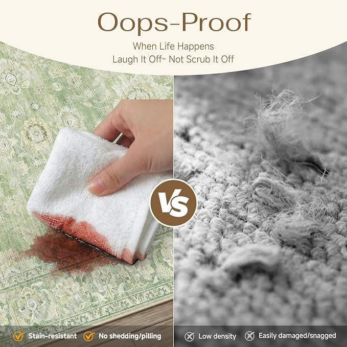 5x7 Green Washable Area Rug for Living Room Bedroom Neutral Floral Soft Non Slip Rug Low Pile Distressed Carpet for Dining Room Nursery Office Indoor