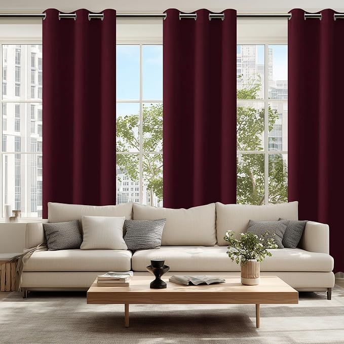 Hiasan Blackout Curtains for Bedroom, 42 x 84 Inches Long - Thermal Insulated & Light Blocking Window Curtains for Living Room Christmas Decor, 2 Drape Panels Sewn with Tiebacks, Burgundy