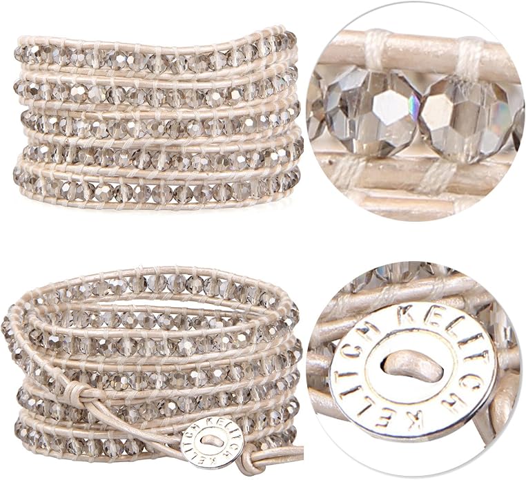 KELITCH New Gray Crystal Beaded 5 Wrap Bracelet On Leather Friendship Bracelets Jewelry for Womens
