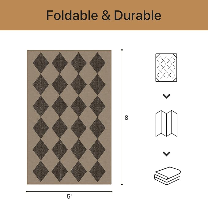 GENIMO Indoor Outdoor Area Rug 5'x8', Checkered Easy Jute Rug Machine Washable, Easy-Cleaning, Non Slip Geometric Diamond Outdoor Carpet for Patio, Living Room, Backyard, Porch, Deck, Balcony